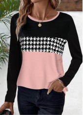 Pink plus size,Black plus size,Geometric plus size,Houndstooth plus size,ROTITA Plus Size Pink Geometric Print Round Neck T Shirt