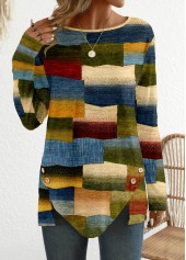 Multi Color tops,Geometric tops,Striped tops,Dot tops,ROTITA Button Geometric Print Multi Color Round Neck T Shirt