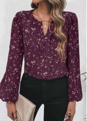 Dark Reddish Purple tops,Floral tops,Plants tops,Ditsy Floral tops,ROTITA Split Floral Print Dark Reddish Purple Long Sleeve Blouse