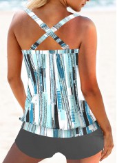 Grey swimwear,Blue swimwear,Geometric swimwear,Striped swimwear,ROTITA Patchwork Grey Geometric Print Mid Waisted Tankini Set