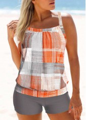 Rotita-Tankini-Set mit überkreuztem orangefarbenem geometrischem Muster und mittlerer Taille