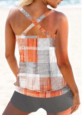 Orange swimwear,Dark Grey swimwear,Geometric swimwear,Striped swimwear,Plaid swimwear,ROTITA Criss Cross Orange Geometric Print Mid Waisted Tankini Set