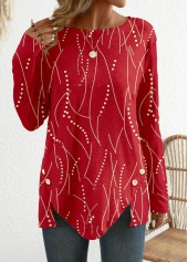 Red tops,Geometric tops,Dot tops,Striped tops,ROTITA Button Geometric Print Red Round Neck T Shirt