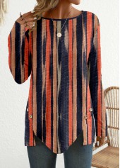 Multi Color tops,Striped tops,Geometric tops,ROTITA Button Multi Stripe Print Round Neck T Shirt