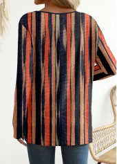 Multi Color tops,Striped tops,Geometric tops,ROTITA Button Multi Stripe Print Round Neck T Shirt