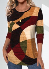 Multi Color tops,Geometric tops,Striped tops,ROTITA Geometric Print Multi Color Round Neck T Shirt