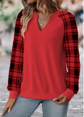 Red tops,Plaid tops,Geometric tops,Striped tops,ROTITA Split Plaid Red Long Sleeve Sweatshirt