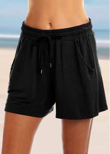 Black bottoms,Plain Color bottoms,ROTITA Black Mid Waist Drawstring Detail Loose Shorts