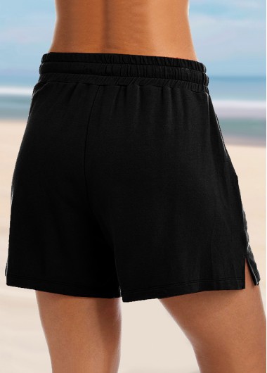 Black bottoms,Plain Color bottoms,ROTITA Black Mid Waist Drawstring Detail Loose Shorts