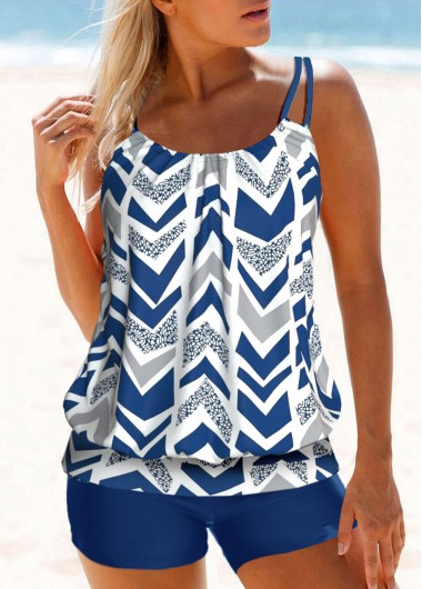 Blue swimwear,White swimwear,Geometric swimwear,ROTITA Blue Double Straps Geometric Print Tankini Top