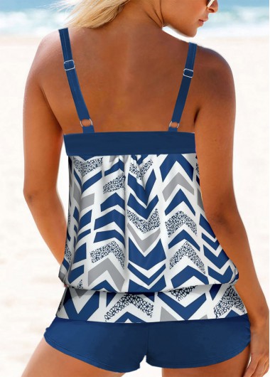 Blue swimwear,White swimwear,Geometric swimwear,ROTITA Blue Double Straps Geometric Print Tankini Top