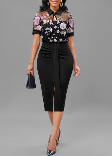 Black dresses,Floral dresses,Party dresses,Elegant dresses,ROTITA Embroidery Black Turn Down Collar Short Sleeve Bodycon Dress