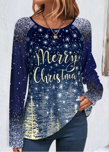 Navy tops,Christmas tops,Letter tops,Galaxy tops,Plants tops,ROTITA Patchwork Christmas Print Navy Round Neck Long Sleeve Sweatshirt