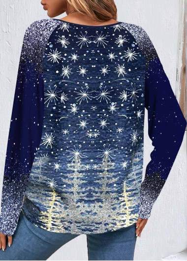 Navy tops,Christmas tops,Letter tops,Galaxy tops,Plants tops,ROTITA Patchwork Christmas Print Navy Round Neck Long Sleeve Sweatshirt