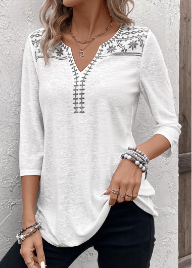 White tops,Floral tops,Plants tops,Geometric tops,Striped tops,ROTITA Patchwork Floral Print White Split Neck 3/4 Sleeve Blouse
