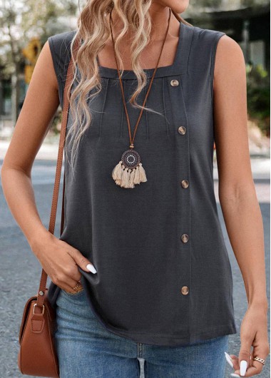 Dark Grey tops,Plain Color tops,Button Dark Grey Square Neck Sleeveless Tank Top