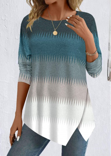 Peacock Blue tops,Grey tops,Striped tops,Geometric tops,ROTITA Patchwork Striped Peacock Blue Round Neck T Shirt