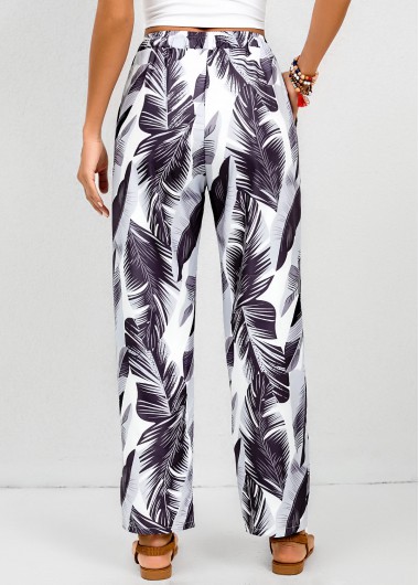 White bottoms,Dusty Purple bottoms,Animal Print bottoms,Tribal bottoms,Double Side Pockets Feathers Print White Elastic Waist Pants