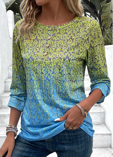 Blue tops,Green tops,Ombre tops,Plants tops,Tribal tops,Button Ombre Blue Round Neck 3/4 Sleeve T Shirt
