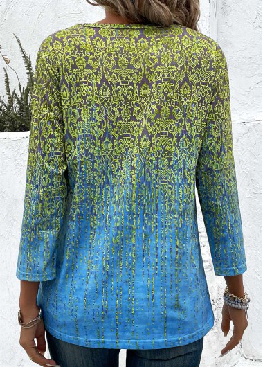 Blue tops,Green tops,Ombre tops,Plants tops,Tribal tops,Button Ombre Blue Round Neck 3/4 Sleeve T Shirt