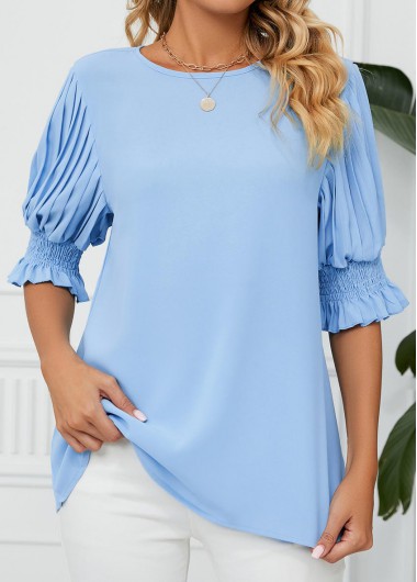 Light Blue tops,Plain Color tops,Smocked Light Blue Round Neck Half Sleeve Blouse