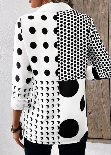 White tops,Black tops,Dot tops,Button Polka Dot White Shirt Collar Long Sleeve Blouse