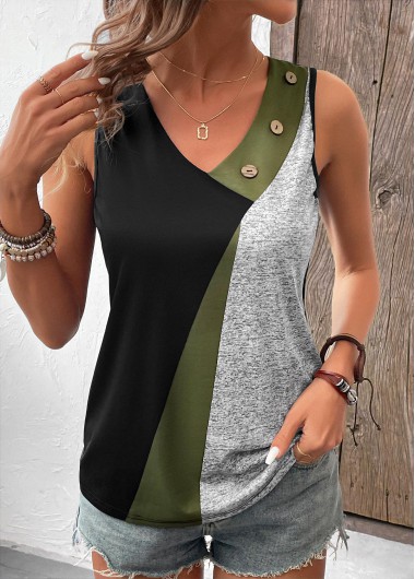 Olive Green tops,Geometric tops,Contrast Color tops,ROTITA Button Geometric Print Black V Neck Sleeveless Tank Top
