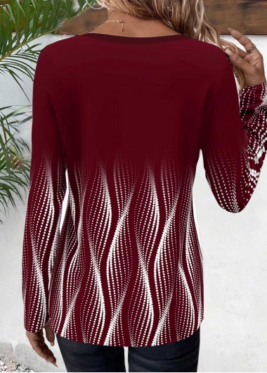 Deep Red tops,Ombre tops,Dot tops,Geometric tops,ROTITA Button Ombre Deep Red Split Neck T Shirt