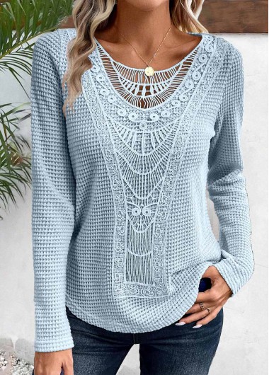 Dusty Blue tops,Plain Color tops,ROTITA Lace Dusty Blue Round Neck Long Sleeve T Shirt