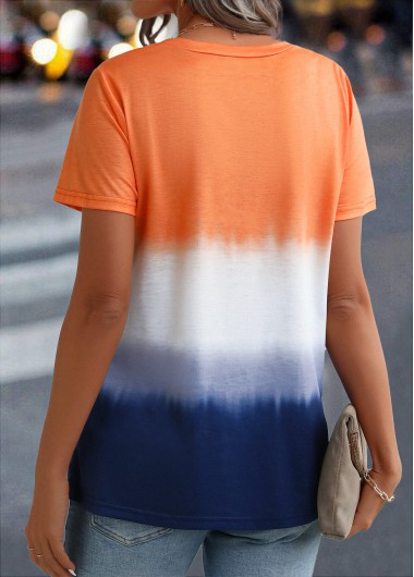 Multi Color tops,Ombre tops,ROTITA Button Ombre Multi Color Round Neck T Shirt