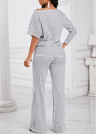 Black jumpsuits&rompers,White jumpsuits&rompers,Striped jumpsuits&rompers,Geometric jumpsuits&rompers,Asymmetry Striped Black Long Wide Leg Top and Pants