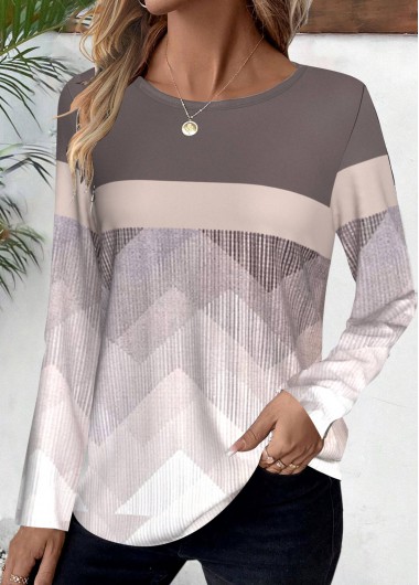 Light Coffee tops,Geometric tops,Striped tops,Chevron tops,ROTITA Patchwork Geometric Print Light Coffee Round Neck T Shirt