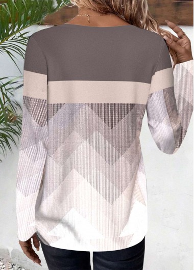 Light Coffee tops,Geometric tops,Striped tops,Chevron tops,ROTITA Patchwork Geometric Print Light Coffee Round Neck T Shirt