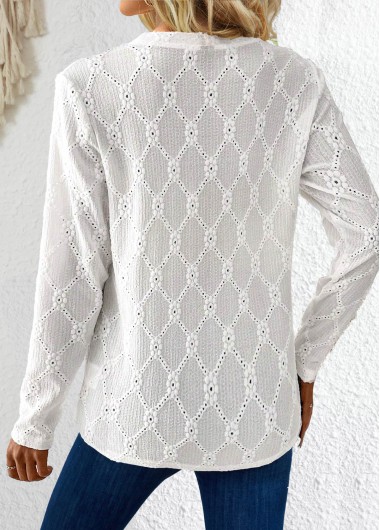 White tops,Plain Color tops,ROTITA Button White Round Neck Long Sleeve T Shirt