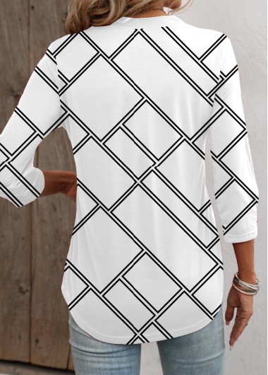White tops,Geometric tops,Striped tops,ROTITA Button Geometric Print White Split Neck T Shirt