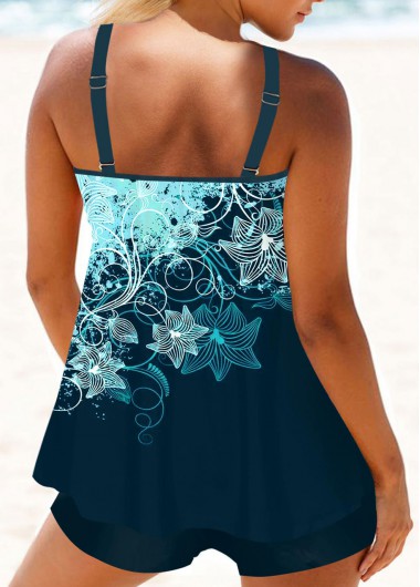Peacock Blue swimwear,Floral swimwear,ROTITA Peacock Blue Floral Print Tankini Set