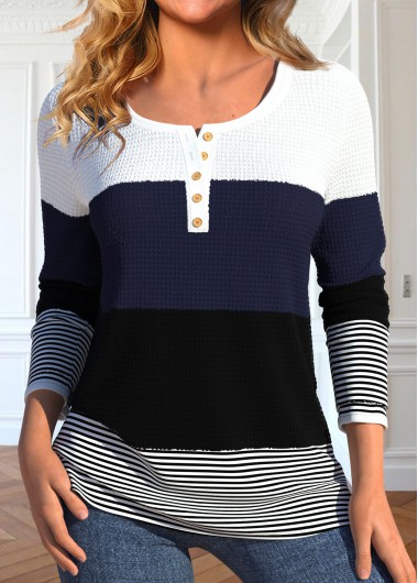 Black tops,White tops,Striped tops,Geometric tops,ROTITA Patchwork Striped Black Round Neck Long Sleeve T Shirt