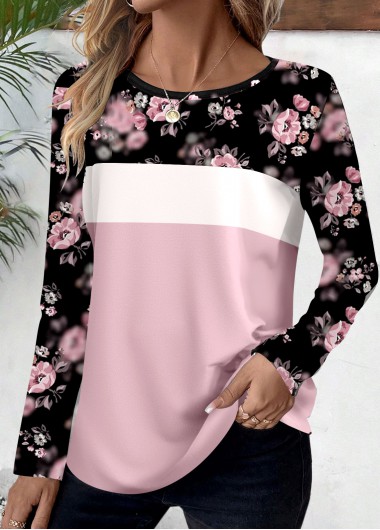 Pink tops,Ditsy Floral tops,Plants tops,ROTITA Patchwork Ditsy Floral Print Pink Round Neck T Shirt