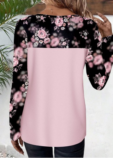 Pink tops,Ditsy Floral tops,Plants tops,ROTITA Patchwork Ditsy Floral Print Pink Round Neck T Shirt