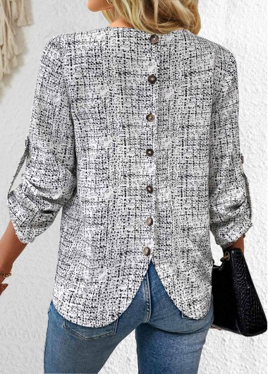 Black tops,Raw white tops,Graphic tops,ROTITA Button Graffiti Print Black V Neck Long Sleeve Blouse