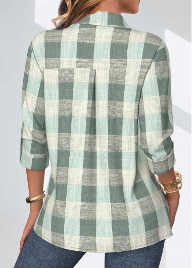 Sage Green tops,Plaid tops,Geometric tops,ROTITA Button Plaid Sage Green Shirt Collar Blouse