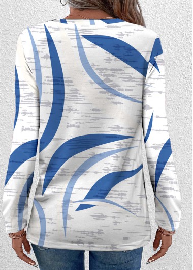 Blue tops,White tops,Geometric tops,Striped tops,ROTITA Lightweight Geometric Print Blue Round Neck T Shirt