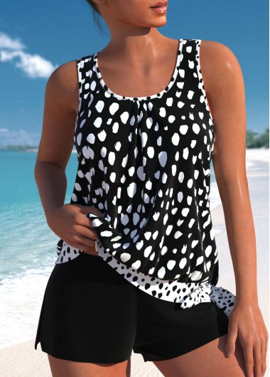 Black swimwear,White swimwear,Dot swimwear,ROTITA Bowknot Black Polka Dot Tankini Set