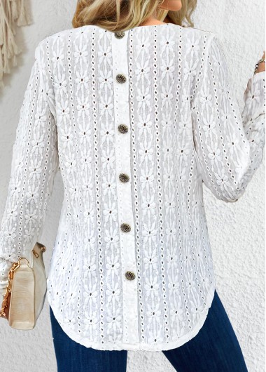 White tops,Plain Color tops,ROTITA Button White Round Neck Long Sleeve T Shirt