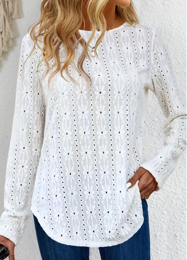 White tops,Plain Color tops,ROTITA Button White Round Neck Long Sleeve T Shirt