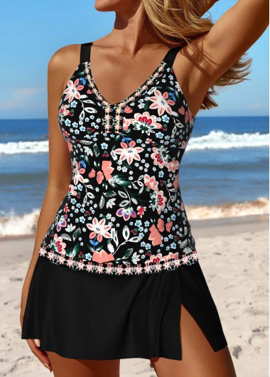 Black swimwear,Plants swimwear,Floral swimwear,Ditsy Floral swimwear,ROTITA Patchwork Black Random Floral Print Tankini Set