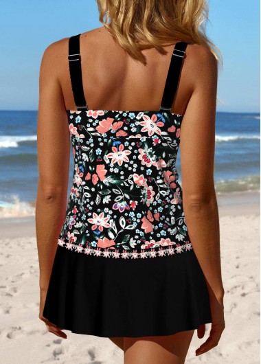 Black swimwear,Plants swimwear,Floral swimwear,Ditsy Floral swimwear,ROTITA Patchwork Black Random Floral Print Tankini Set