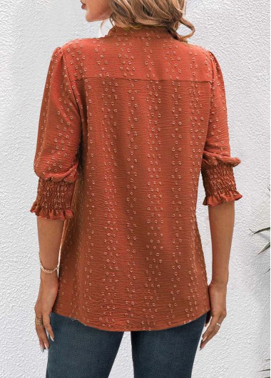 Brick Red tops,Plain Color tops,ROTITA Jacquard Brick Red Split Neck Half Sleeve Blouse
