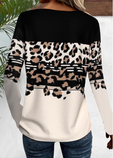 Black tops,Skin Color tops,Leopard tops,Striped tops,Geometric tops,ROTITA Patchwork Leopard Black V Neck Long Sleeve T Shirt
