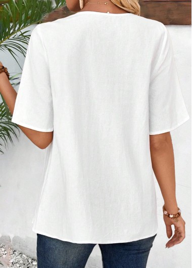 White tops,Plain Color tops,ROTITA Embroidery White V Neck Half Sleeve Blouse